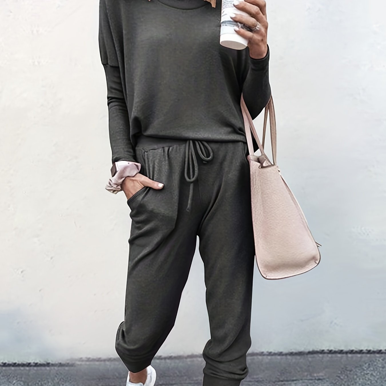 gbolsos Casual Solid Two-piece Set, Long Sleeve T-shirt & Drawstring Pants Outfits, Women's Clothing