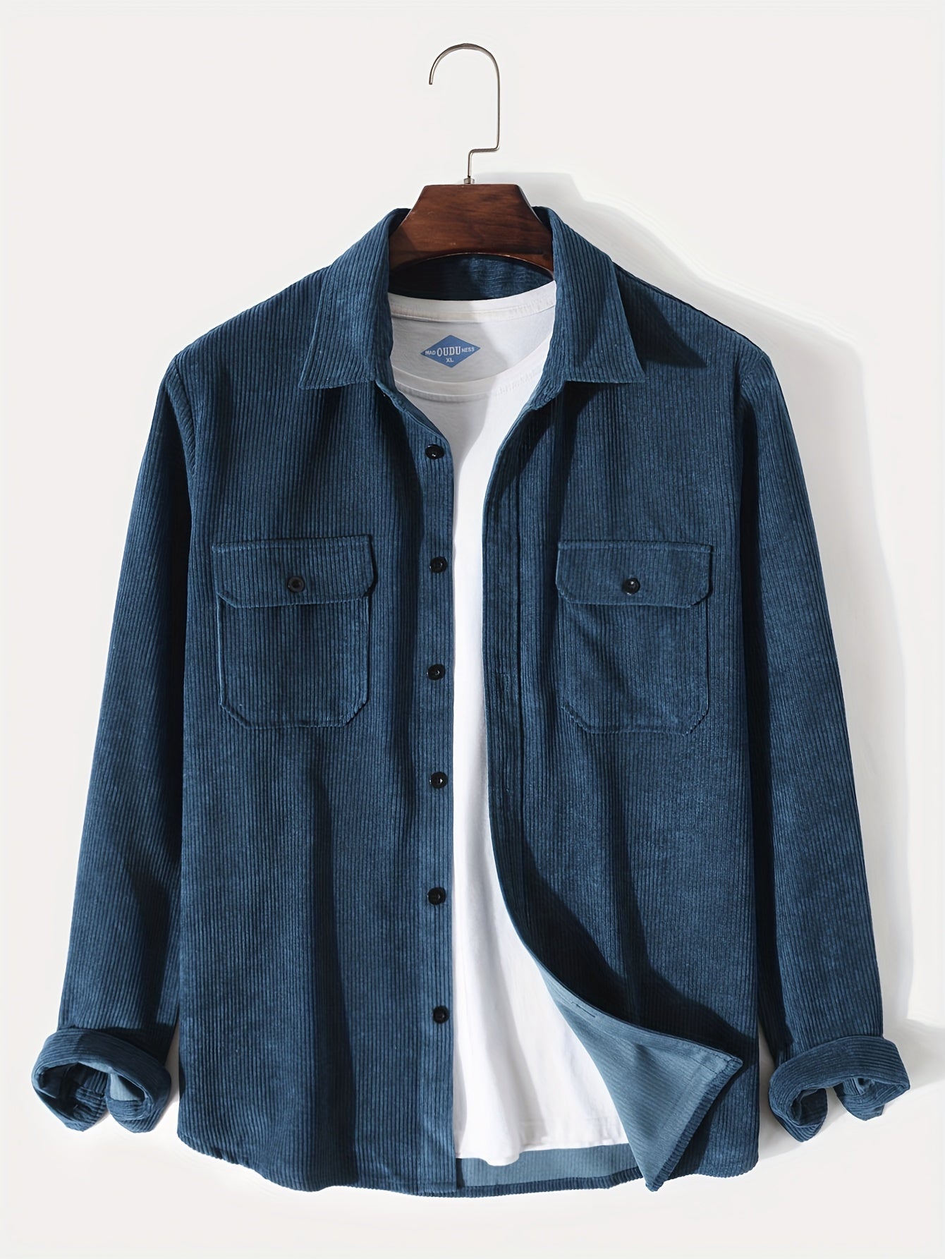 gbolsos Men's Retro Corduroy Shirt Top Turn-Down Collar Long Sleeve Closure Regular Fit Solid Male Casual Shirt For Daily
