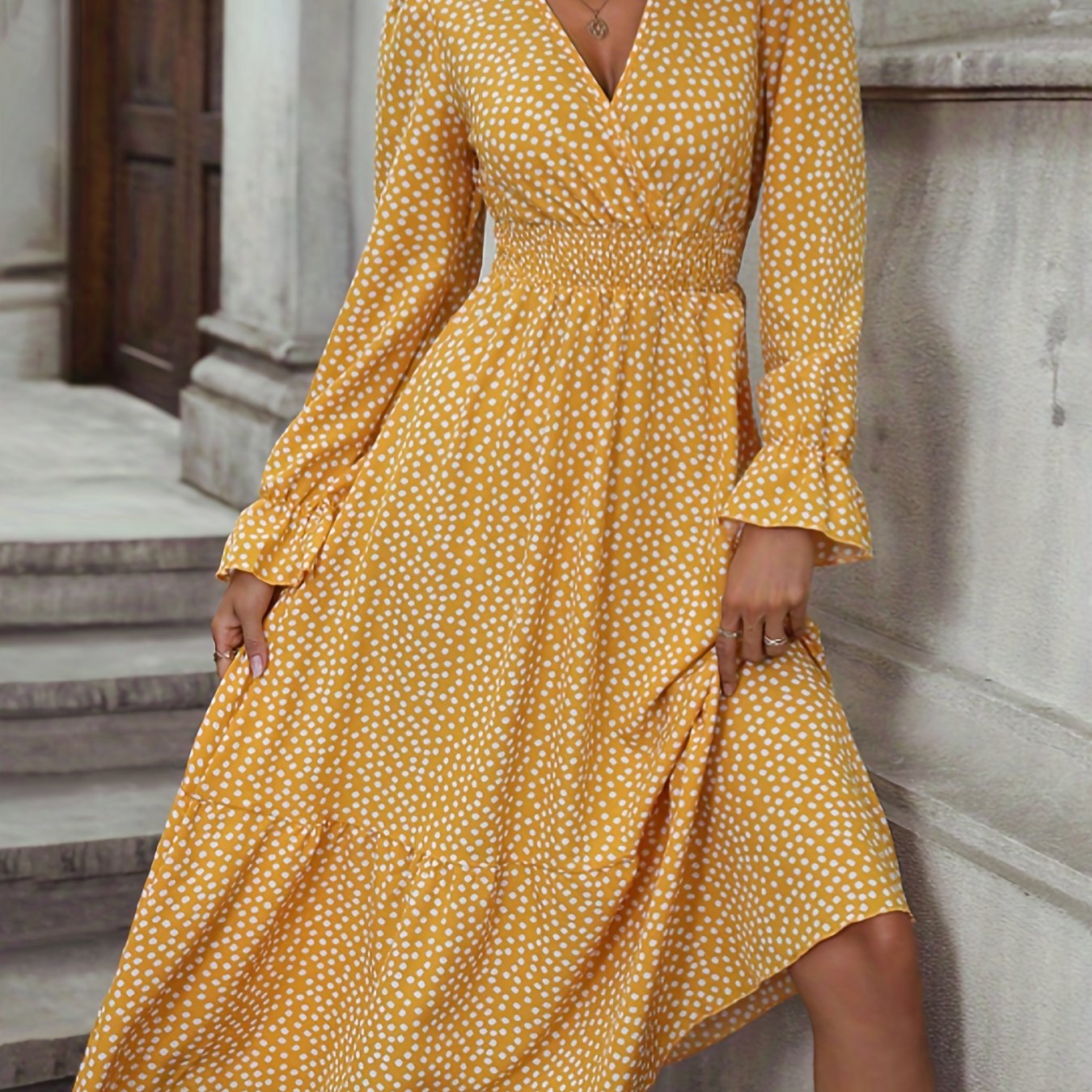 Pin Dot Print High Waist Dress, Elegant V Neck Long Sleeve Maxi Dress, Women's Clothing