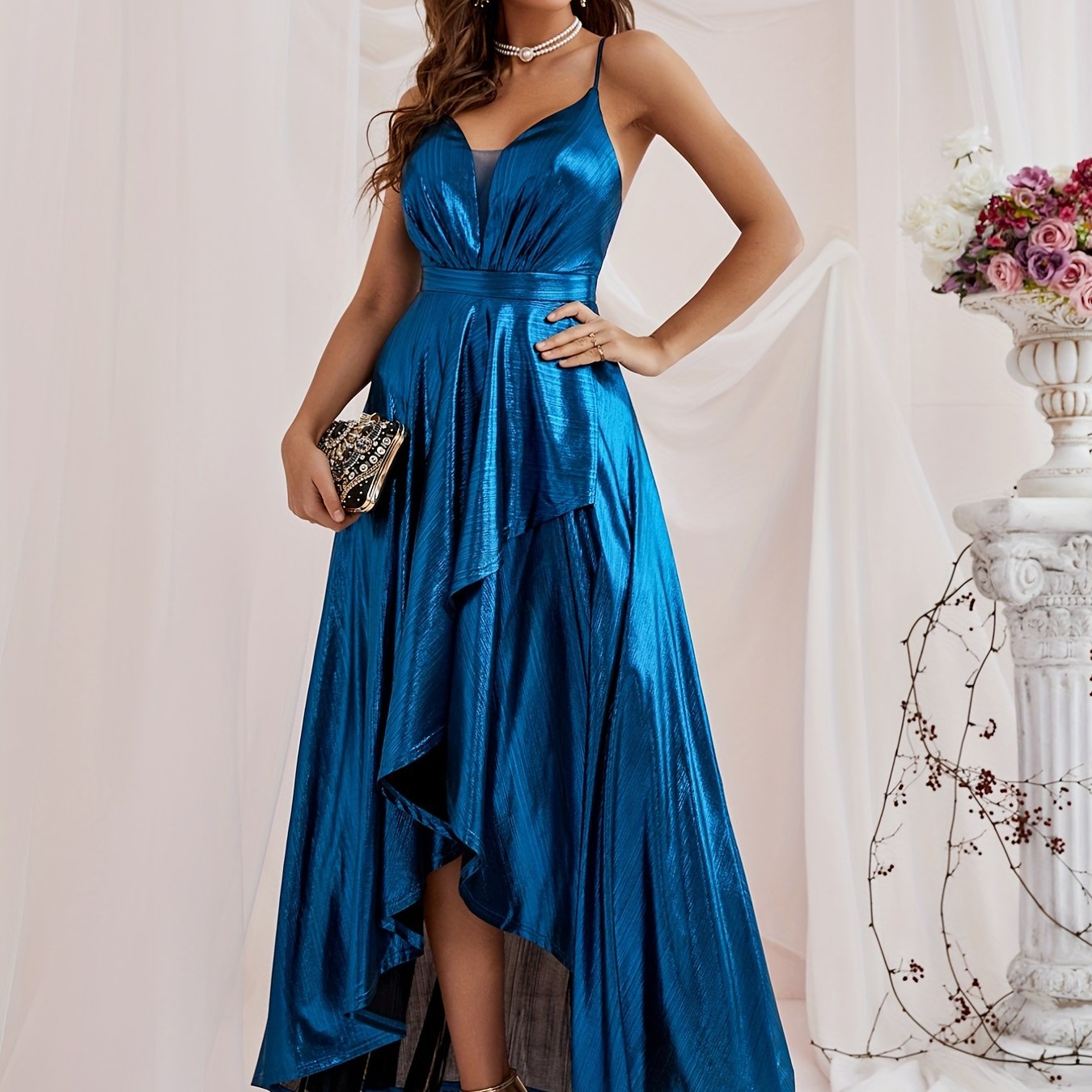 gbolsos Ruffle Hem Cami Bridesmaid Dress, Elegant Backless Dress For Wedding Party, Women's Clothing