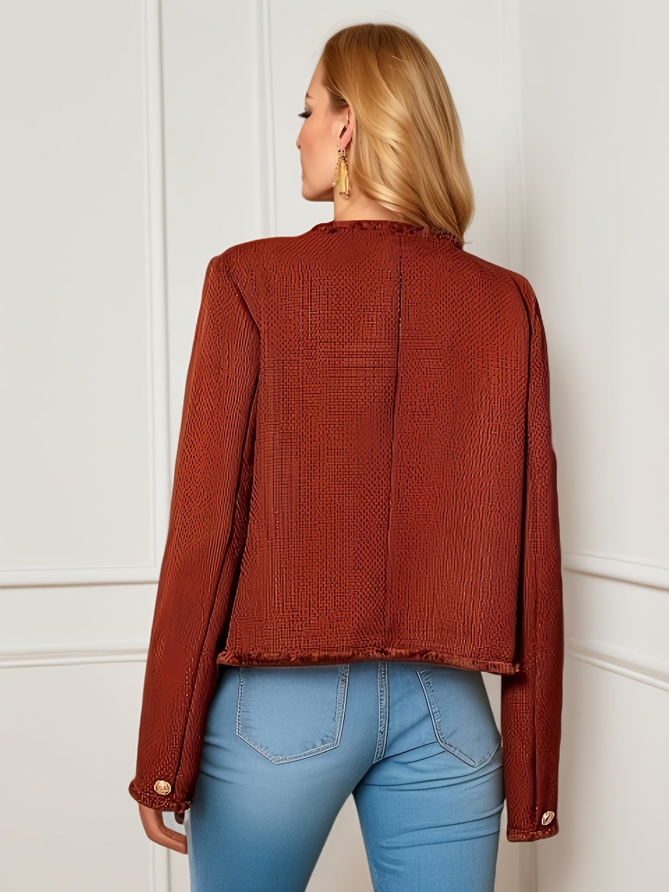 gbolsos Solid Button Front Jacket, Casual Simple Crew Neck Long Sleeve Outerwear, Women's Clothing
