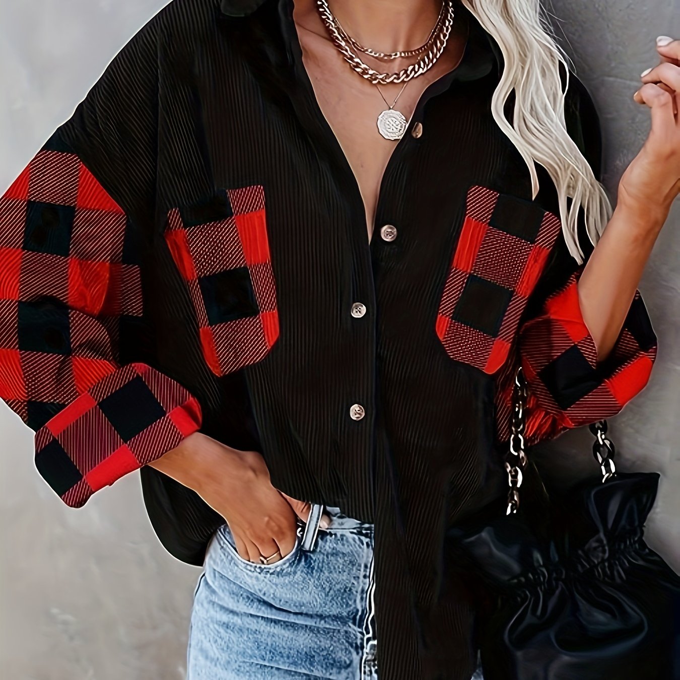 gbolsos Plaid Print Splicing Shirt, Casual Button Front Long Sleeve Shirt, Women's Clothing