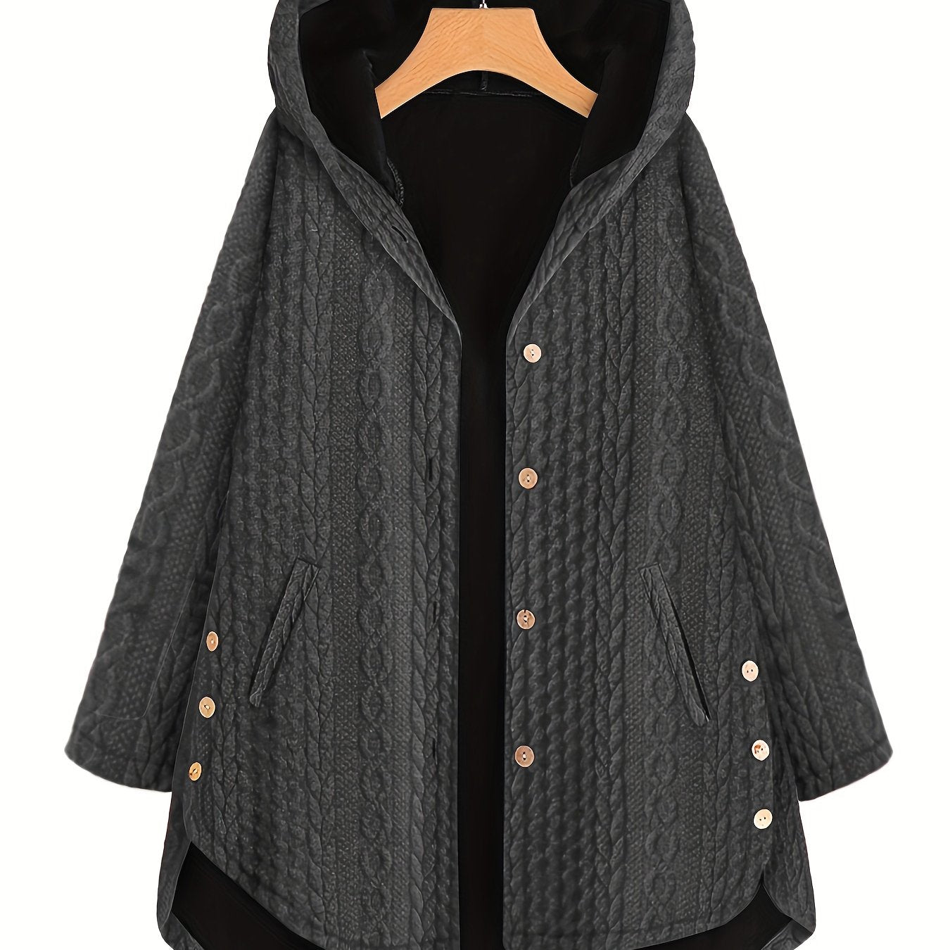 gbolsos Slant Pocket Hooded Coat, Casual Long Sleeve Button Thermal Coat, Women's Clothing