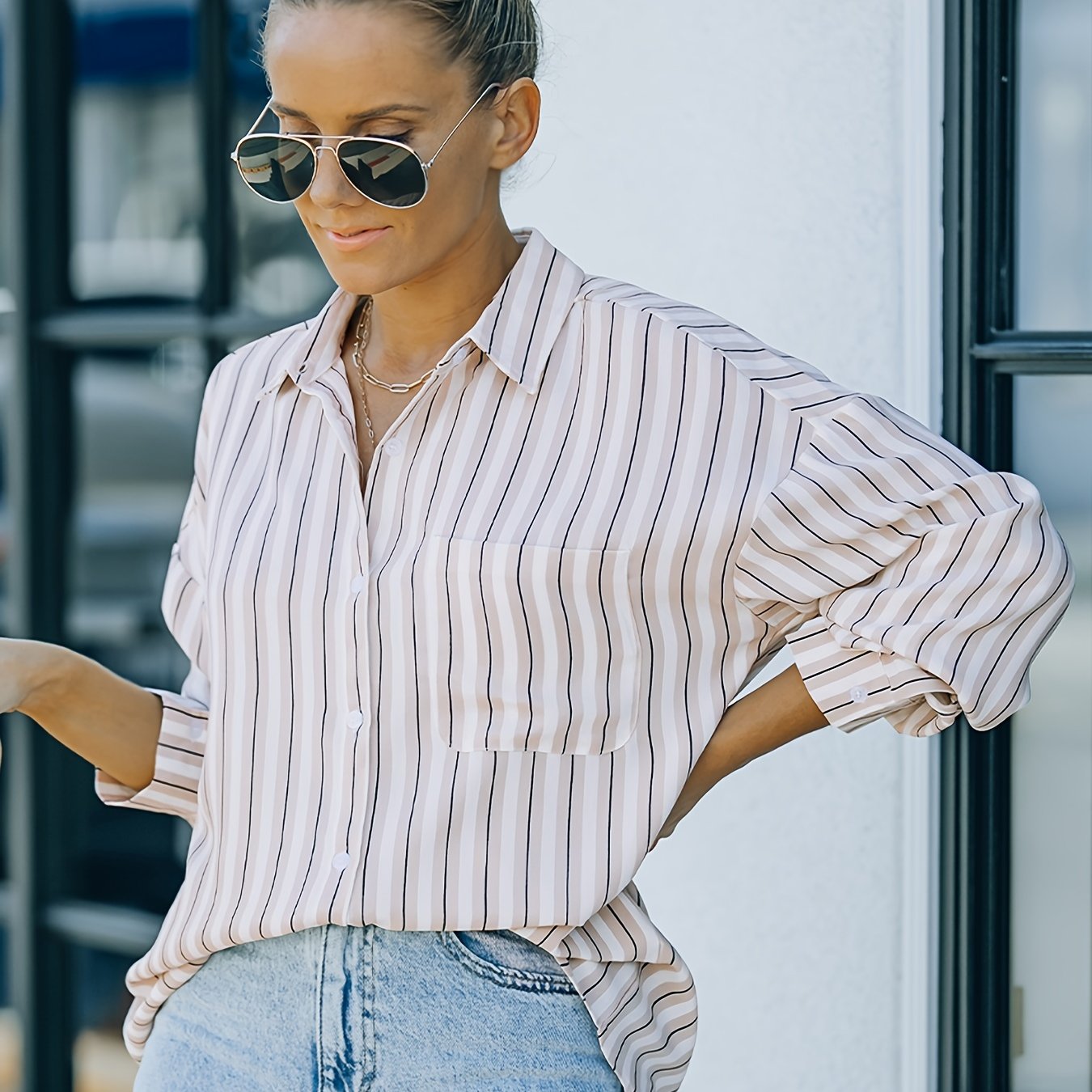 gbolsos Striped Collar Buttons Shirt, Casual Pockets Long Sleeve Drop Shoulder Shirt, Women's Clothing