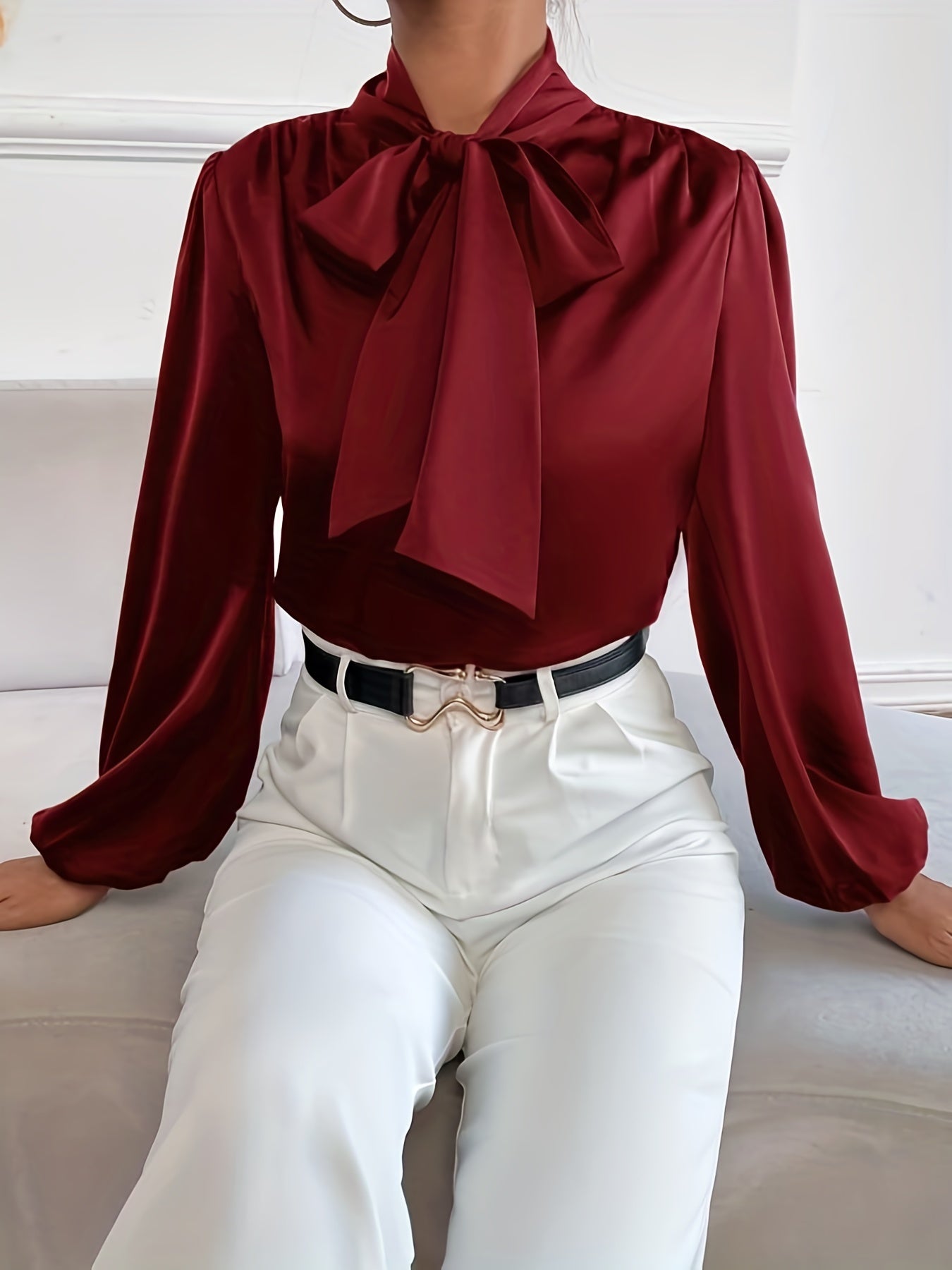 gbolsos Tie Neck Lantern Sleeve Blouse, Elegant Solid Blouse For Office & Work, Women's Clothing
