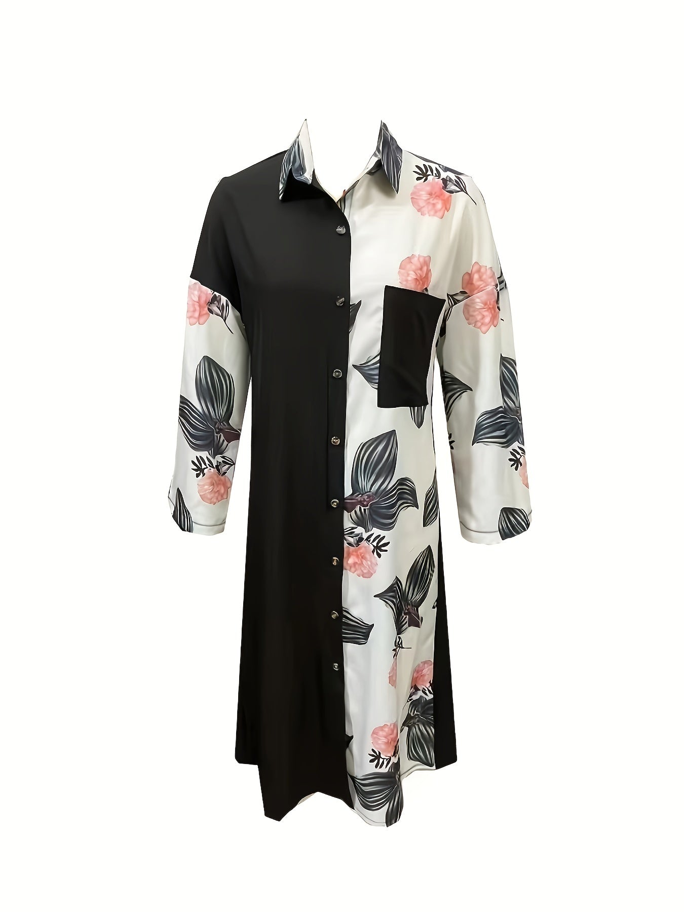 Graphic Print Splicing Dress, Casual Button Front Long Sleeve Dress, Women's Clothing
