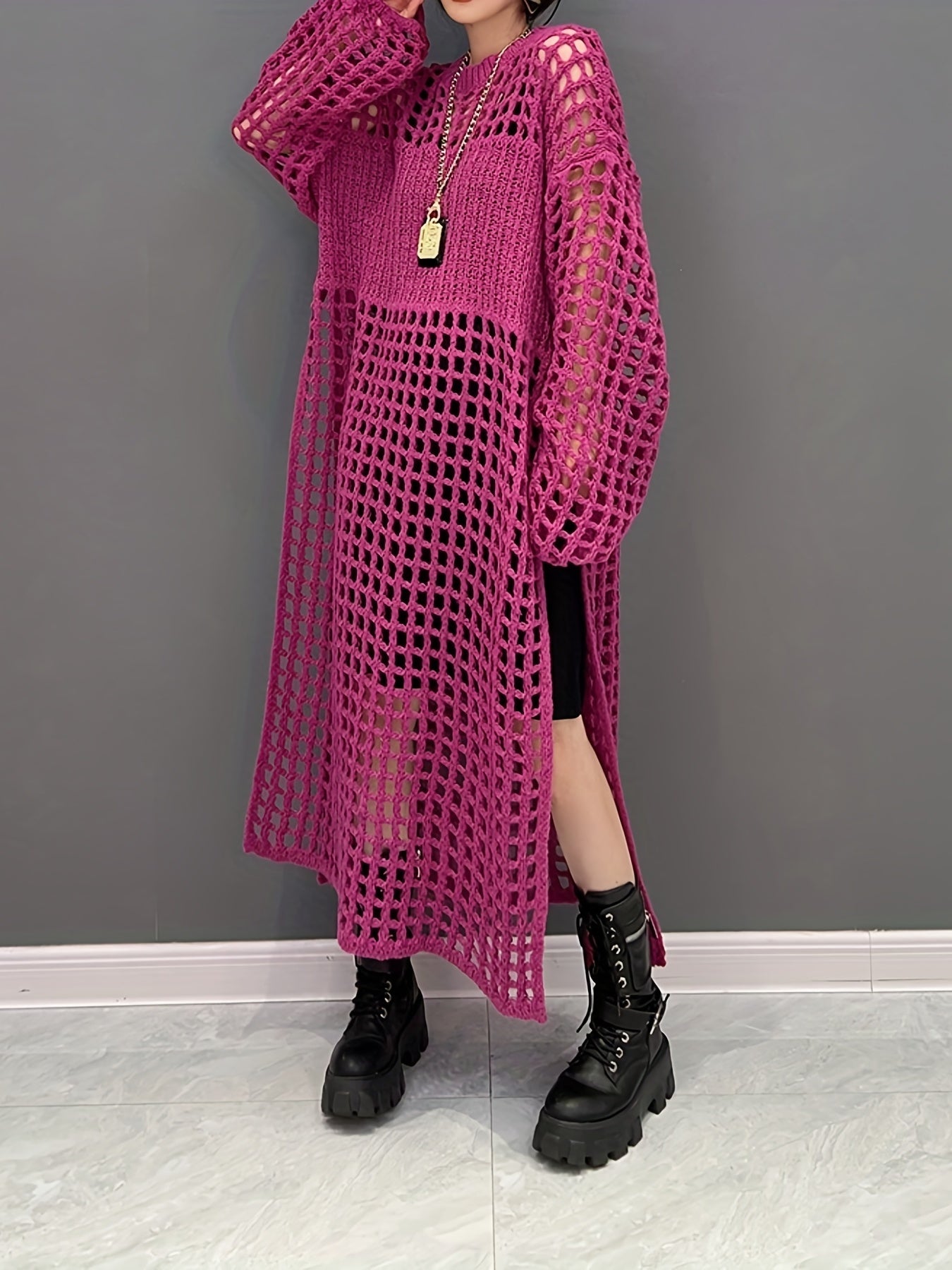 Crochet Split Thigh Dress, Casual Solid Long Sleeve Maxi Dress, Women's Clothing