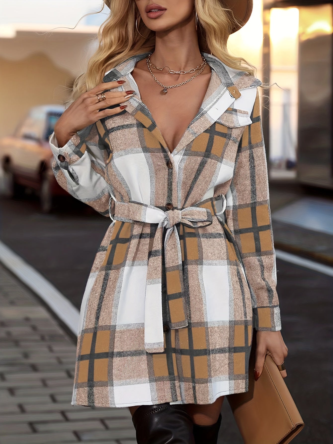 gbolsos Plaid Print Shirt Dress, Elegant Button Front Long Sleeve Dress, Women's Clothing