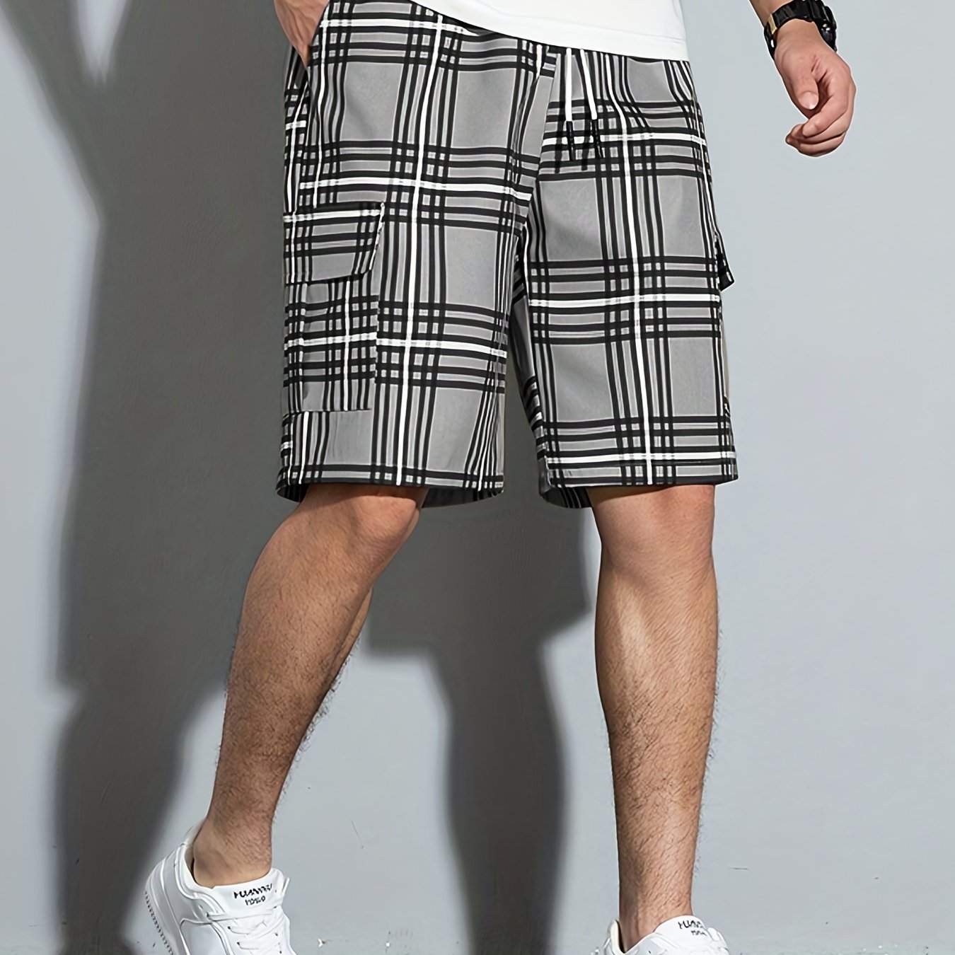 gbolsos Casual Plaid Side Pockets Drawstring Beach Shorts, Men's Cargo Shorts For Summer Outdoor