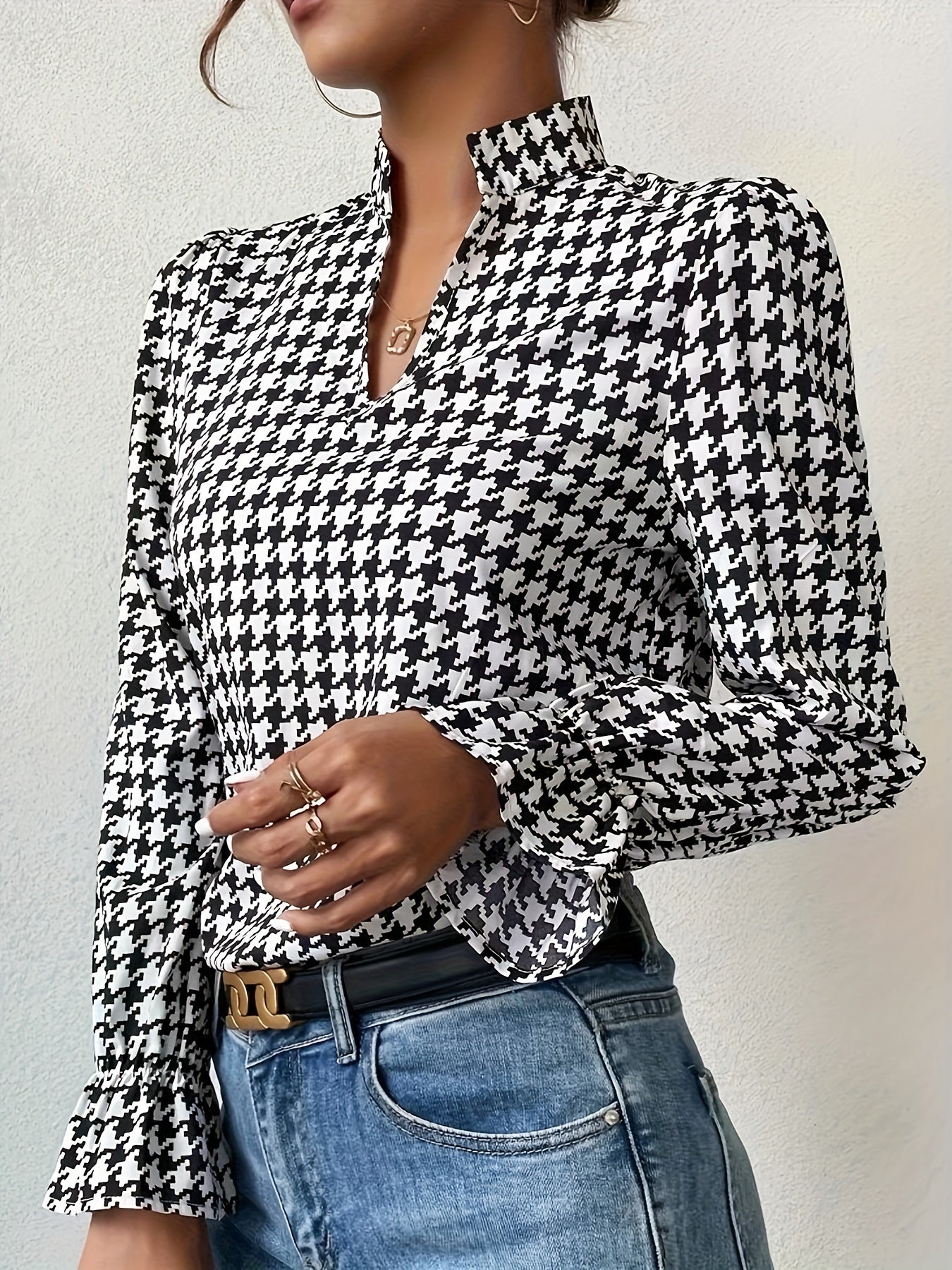 gbolsos Houndstooth Print Notch Neck Blouse, Elegant Ruffle Trim Lantern Sleeve Blouse For Spring & Fall, Women's Clothing