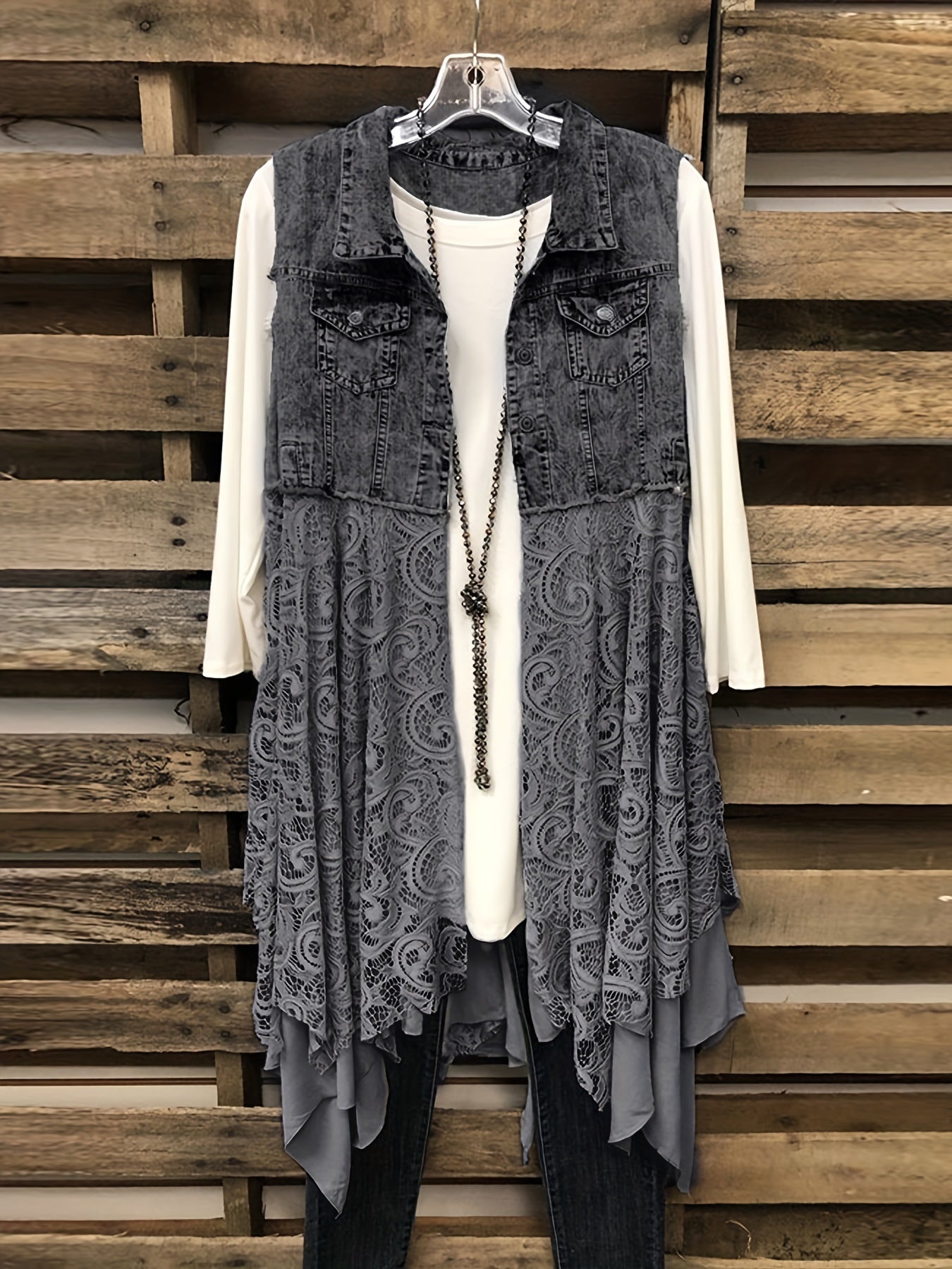 Lace High Low Trim Denim Vest Dress, Flap Pockets Raw Hem Lady Distressed Vest Dress, Women's Denim & Clothing