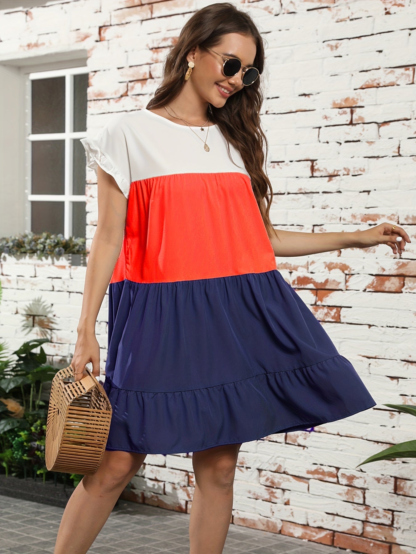 Color Block Ruffle Hem Dress, Casual Crew Neck Short Sleeve Dress, Women's Clothing