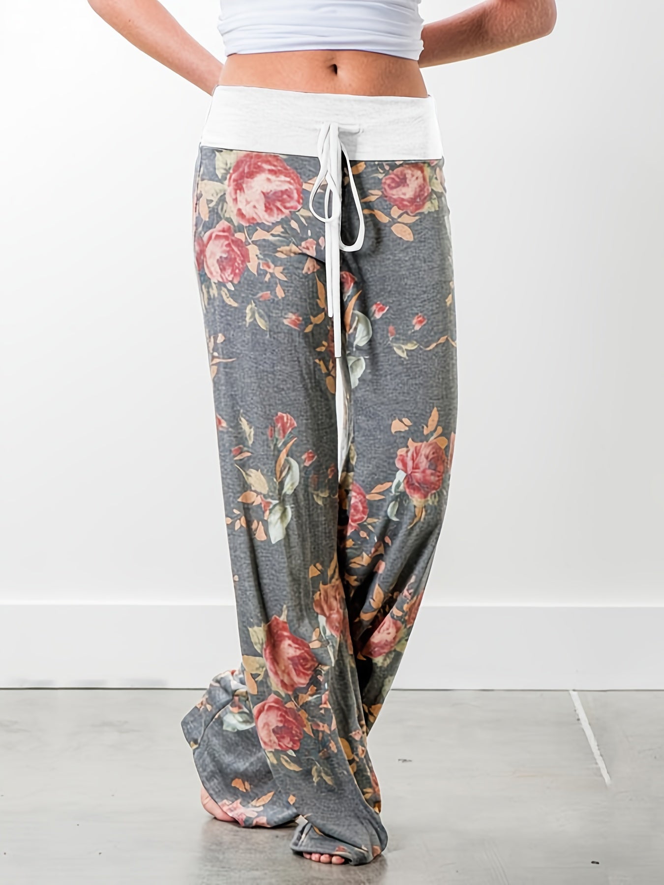 Loose Wide Leg Pants, Casual Yoga Low Waist Solid Floral Print Summer Comfy Pants, Women's Clothing