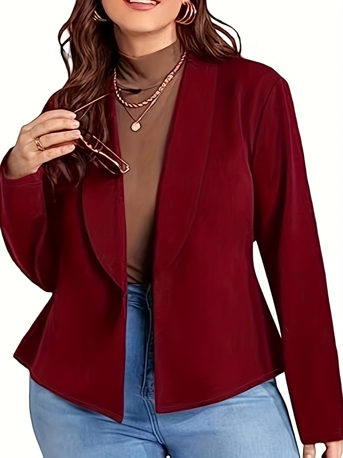 Plus Size Casual Blazer, Women's Plus Solid Ruffle Hem Nipped Waist Lapel Collar Long Sleeve Blazer