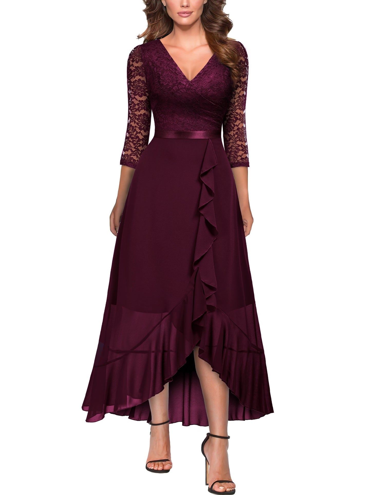 gbolsos Solid V Neck Lace Splicing Dress, Elegant Ruffle Trim Dress For Wedding & Banquet, Women's Clothing