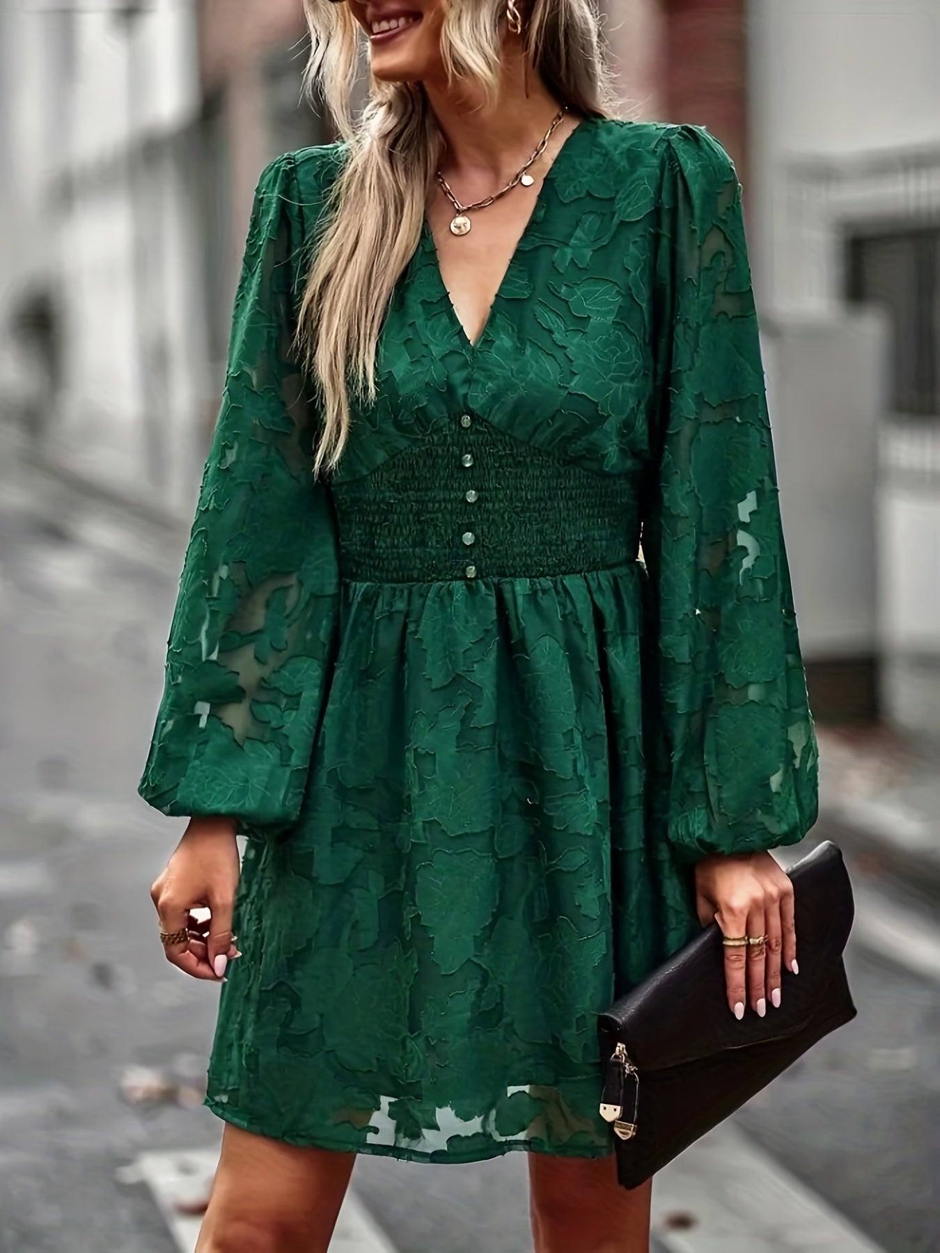 gbolsos Floral Jacquard Solid Dress, Elegant V Neck Long Sleeve Shirred Dress, Women's Clothing