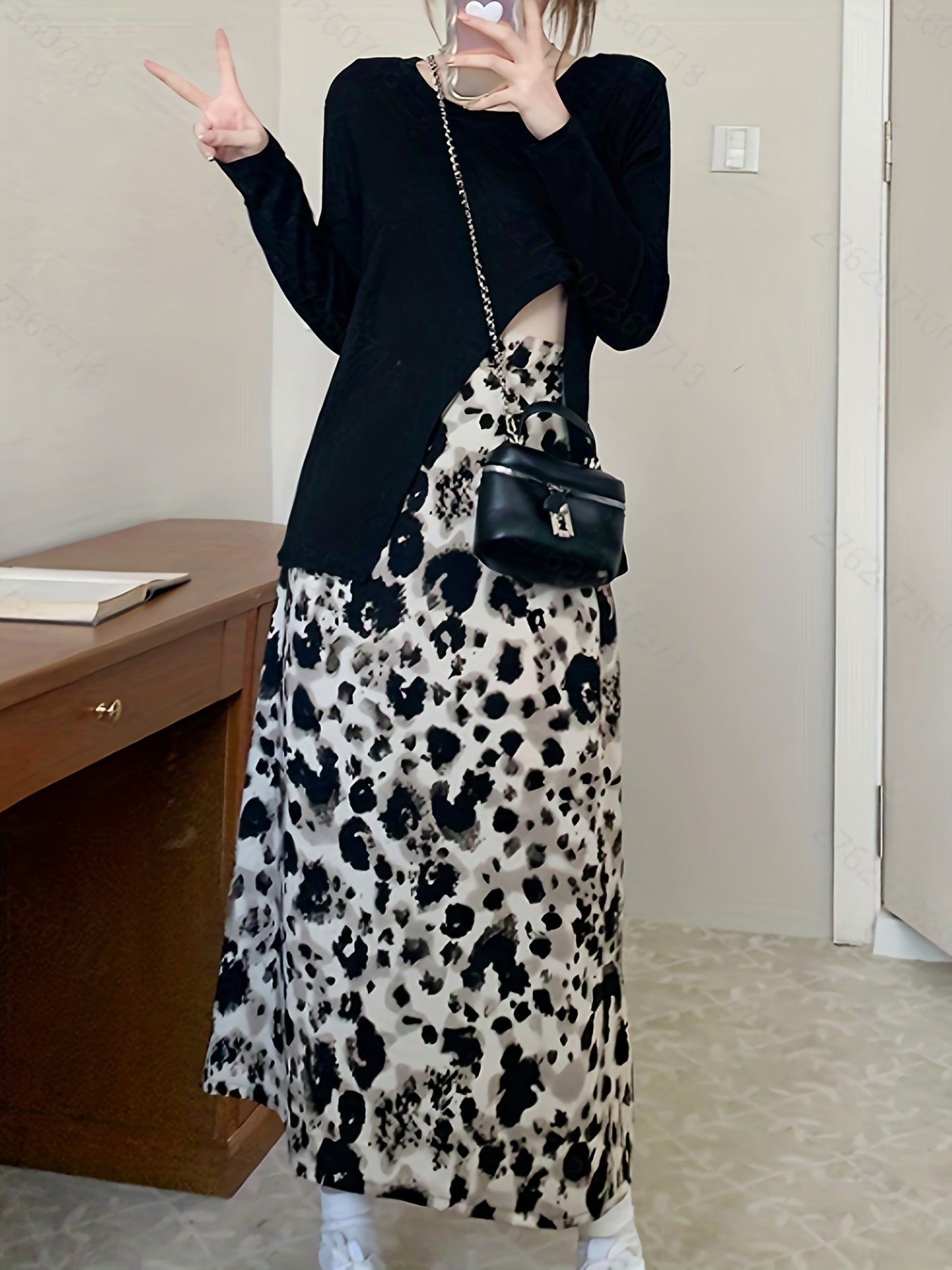 gbolsos Leopard Print Split Mid Skirt, Casual High Waist Skirt For Spring & Summer, Women's Clothing