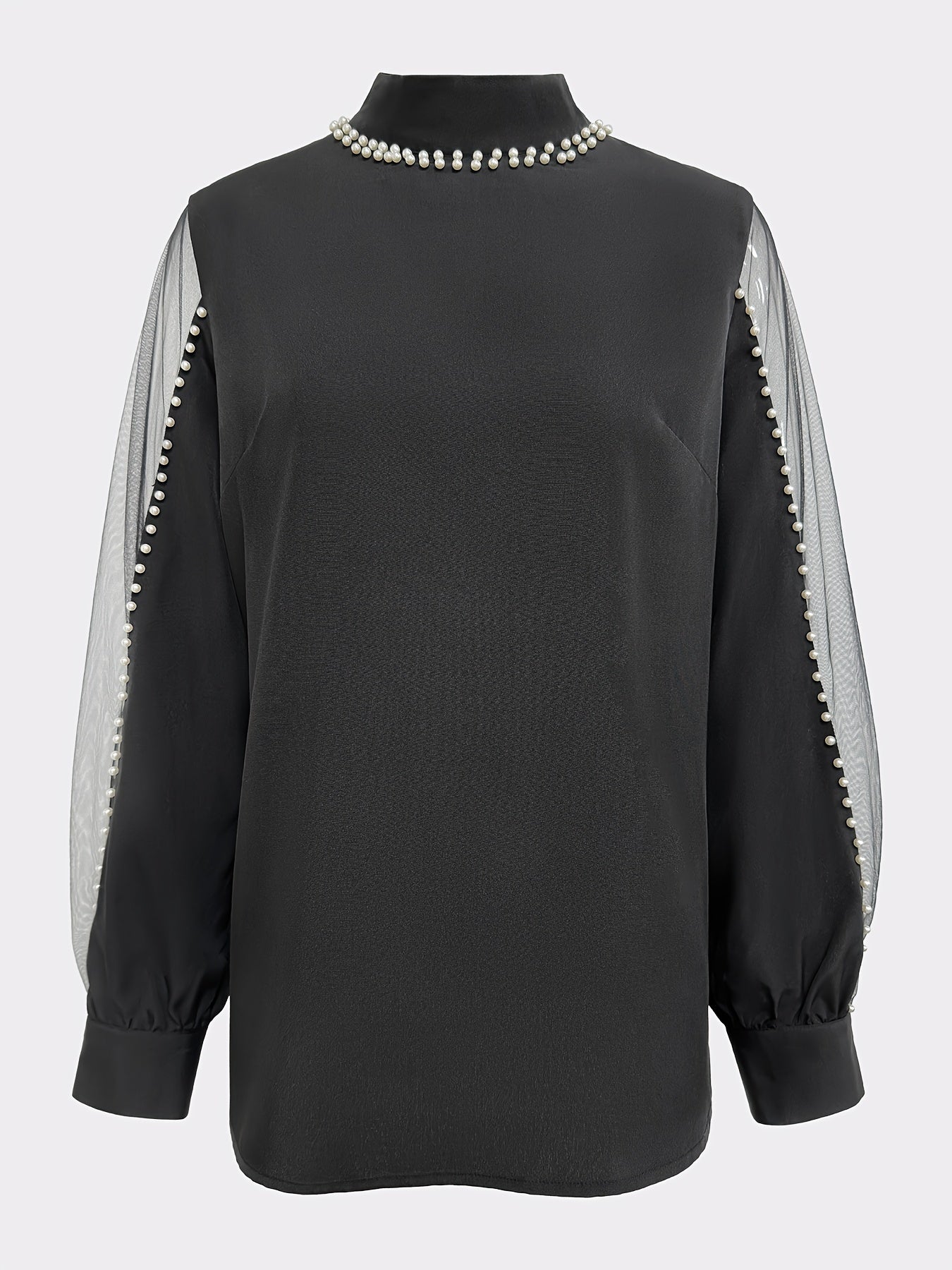 gbolsos Solid Beaded Mesh Splicing Blouse, Elegant Mock Neck Blouse For Spring & Fall, Women's Clothing