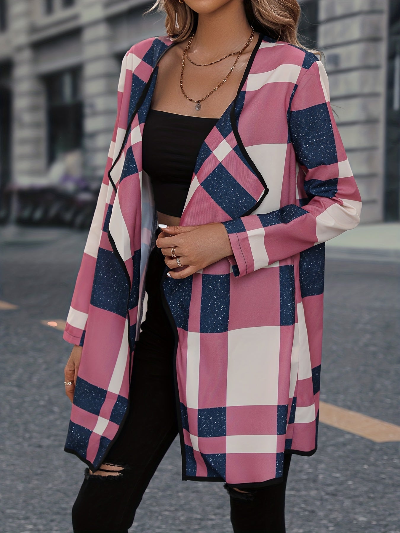 gbolsos Plaid Print Cardigan, Casual Open Front Long Sleeve Outerwear, Women's Clothing
