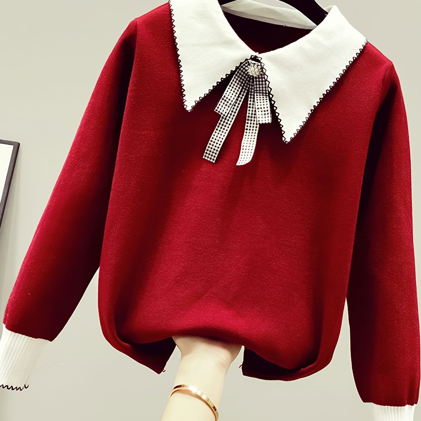 gbolsos Long Sleeve Shirt Collar Sweater, Spring & Fall Elegant Casual Warm Sweater, Women's Clothing