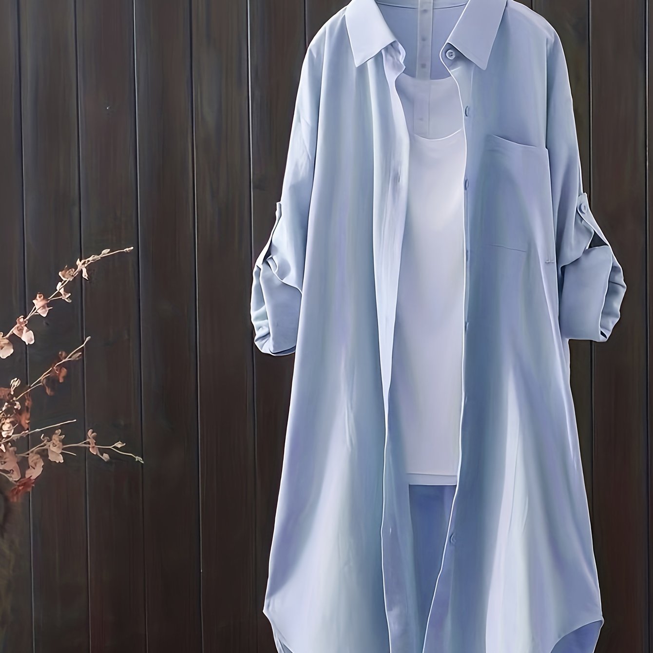 gbolsos Solid Button Down Shirt, Casual Lapel Long Sleeve Curved Hem Shirt, Women's Clothing
