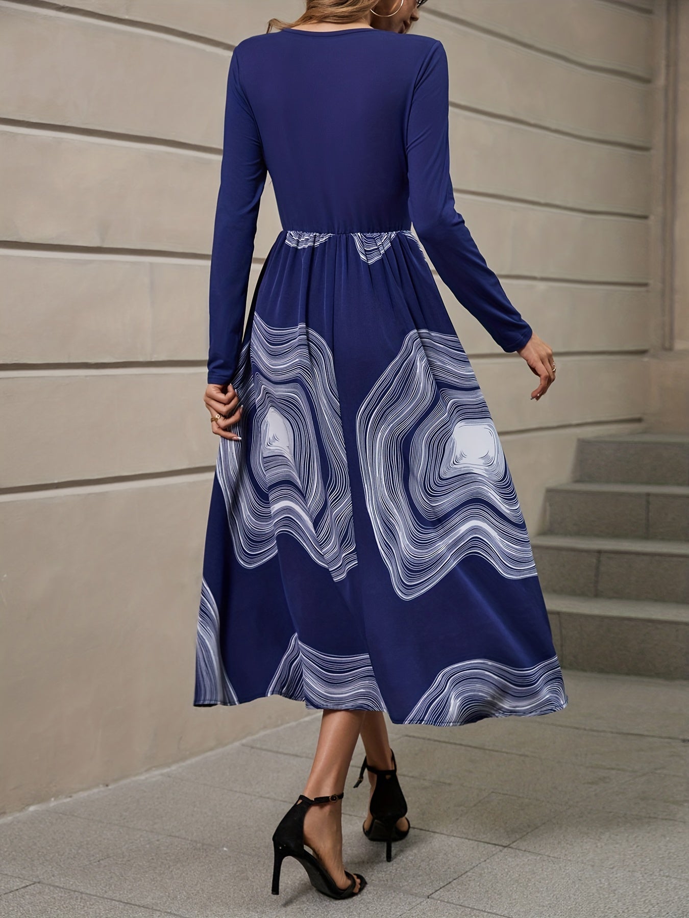 gbolsos Abstract Print Splicing Dress, Elegant Crew Neck Long Sleeve Dress, Women's Clothing