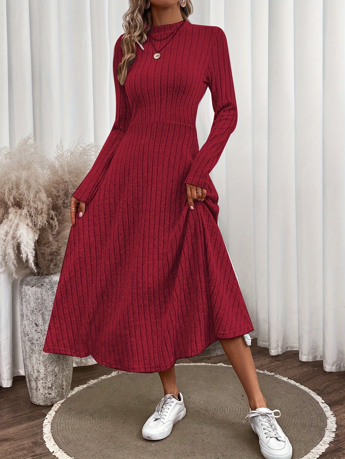 gbolsos Solid Rib-knit Ruffle Sweater Dress, Long Sleeve Mock Neck Elegant Maxi Dress, Women's Clothing