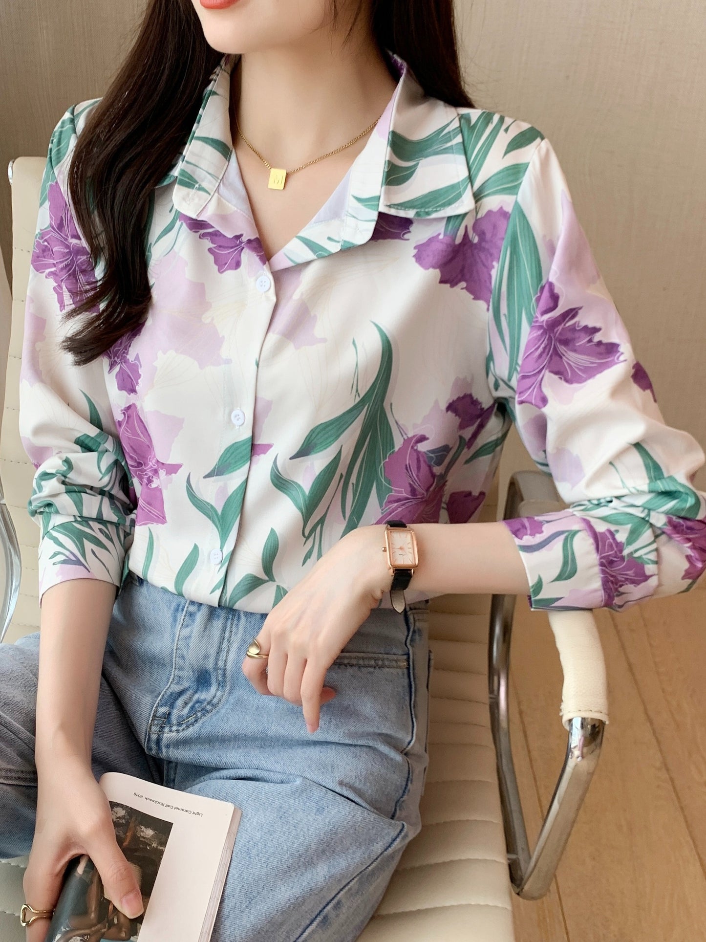 gbolsos Floral Print Polo Collar Button Shirt, Casual Long Sleeve Shirt For Spring & Fall, Women's Clothing