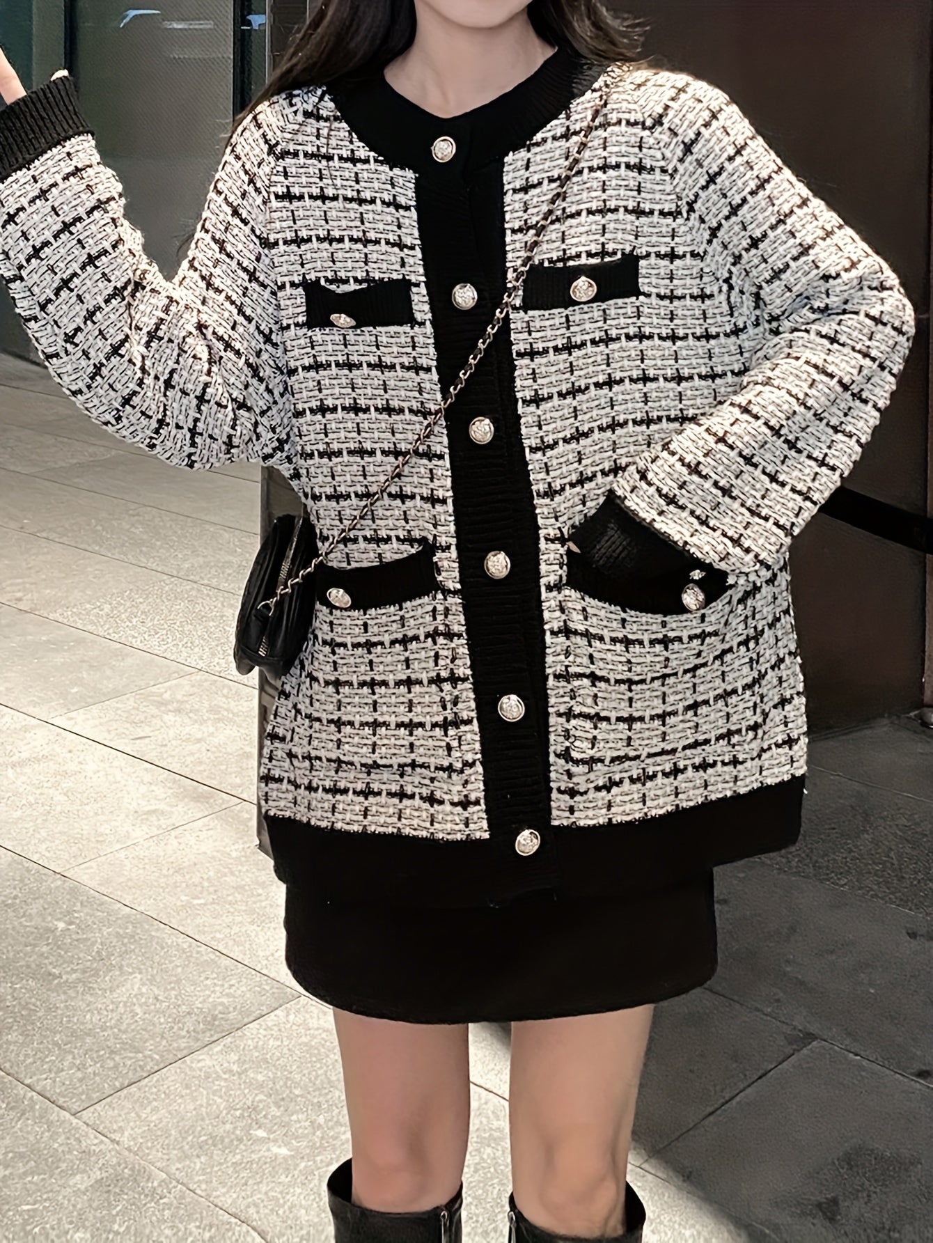 gbolsos Preppy Plaid Pattern Button Up Pocket Cardigan, Casual Long Sleeve Cardigan For Fall & Winter, Women's Clothing