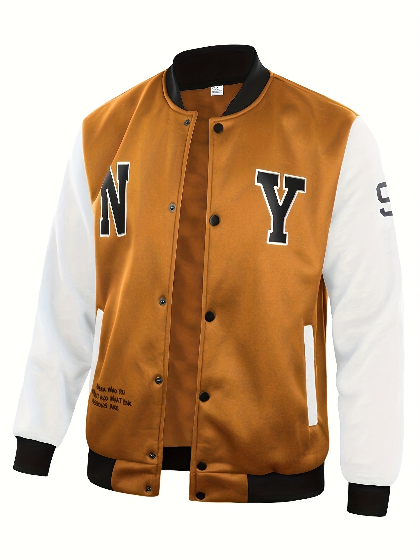 gbolsos NY Print Varsity Jacket, Men's Casual Slightly Stretchy Baseball Jacket Contrast Colors Stitching Coat Regular Fit College Hipster Windbreaker For Spring Autumn