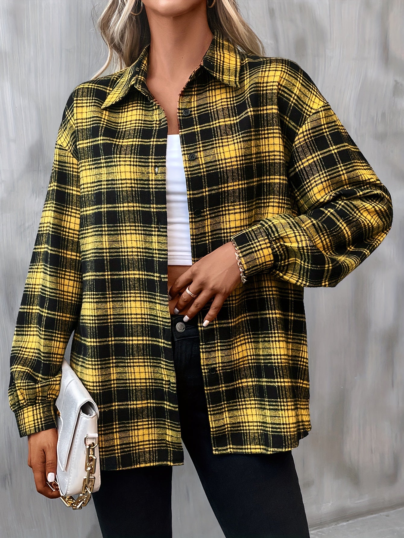 gbolsos Plaid Print Shirt, Casual Button Front Long Sleeve Classic Shirt, Women's Clothing