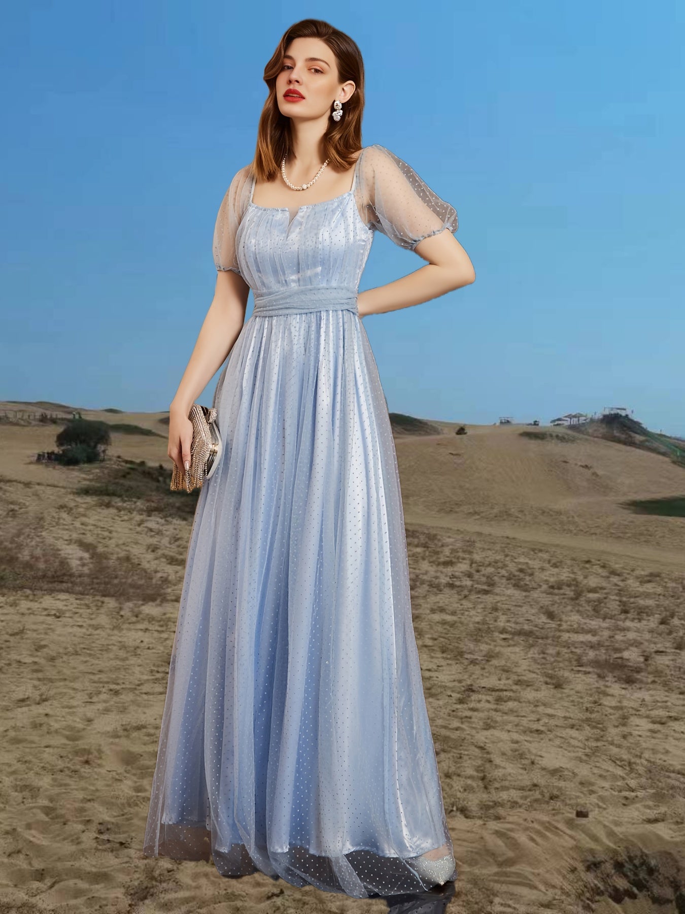 gbolsos Slim Mesh Short Sleeve Dress, Square Neck Bridesmaid Party Guest Evening Gown Dress For Summer & Spring, Women's Clothing