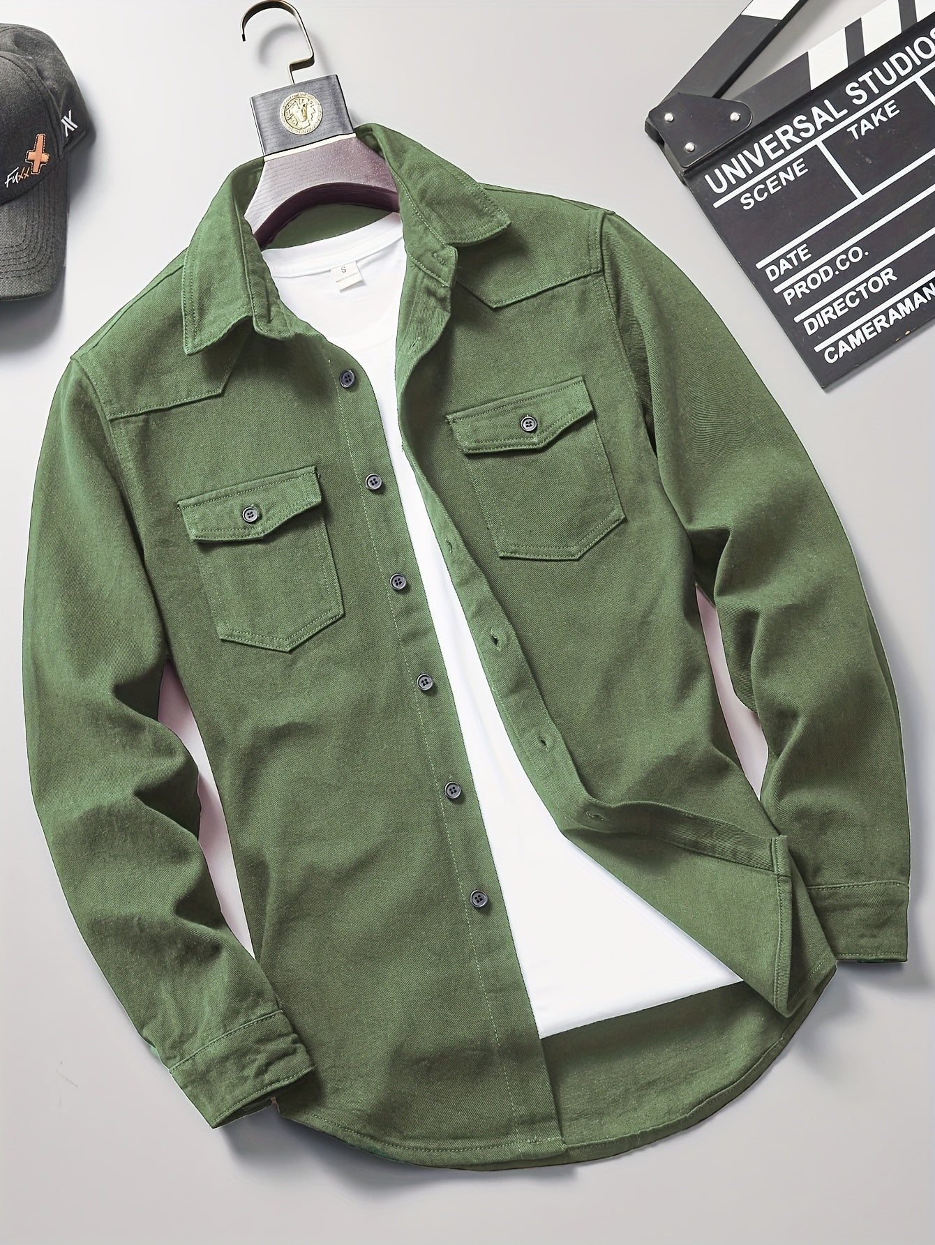 Men's Loose Fit Solid Color Lapel Collar Long Sleeve Denim Jacket With Pockets, Men's Outfits