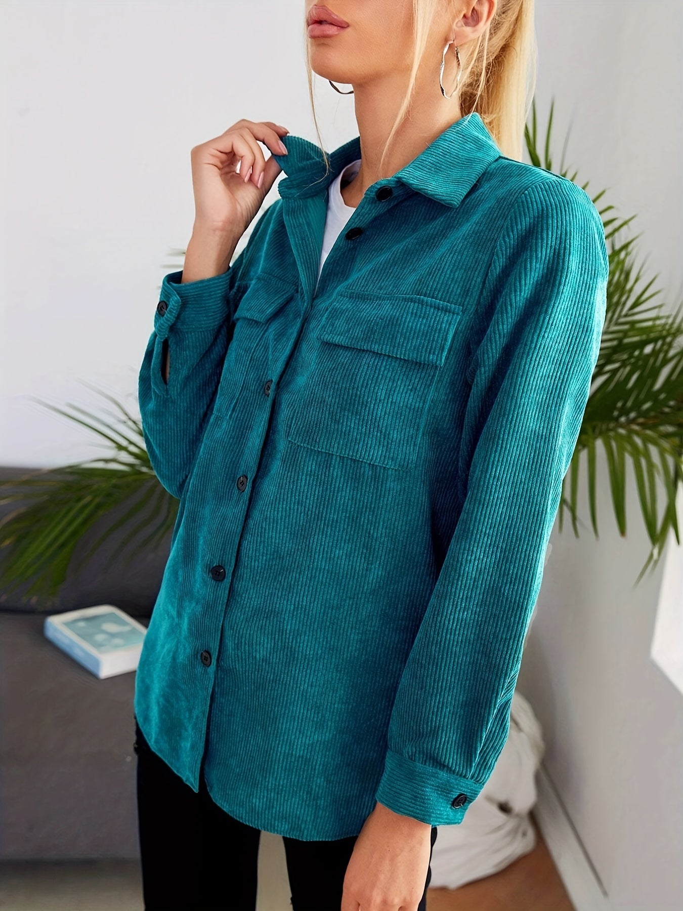 gbolsos Button Front Solid Jacket, Casual Long Sleeve Versatile Outerwear, Women's Clothing