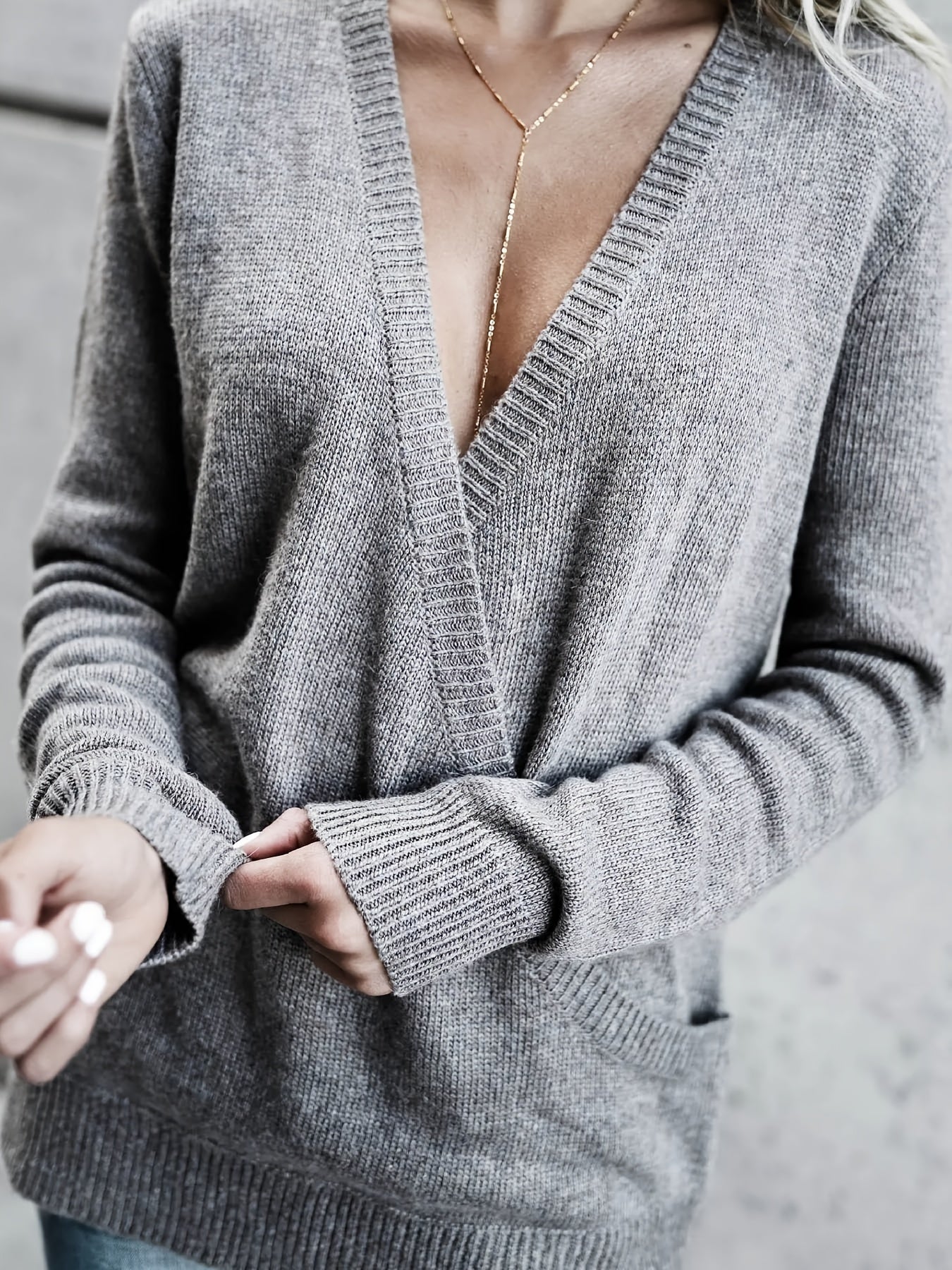 gbolsos Solid Surplice Neck Sweater, Casual Long Sleeve Sweater For Spring & Fall, Women's Clothing