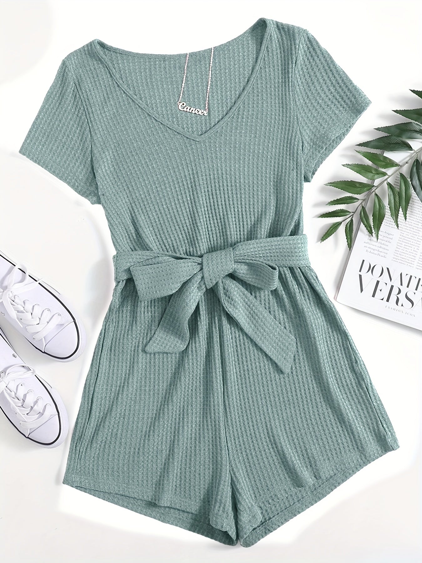 elveswallet Waffle Knit Short Sleeve Jumpsuit, V Neck Casual Jumpsuit For Summer & Spring, Women's Clothing