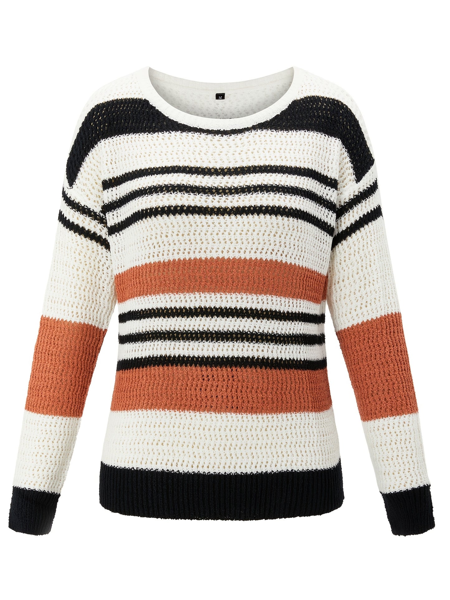 gbolsos Striped Crew Neck Sweater, Casual Drop Shoulder Long Sleeve Loose Fall Winter Knit Sweater, Women's Clothing