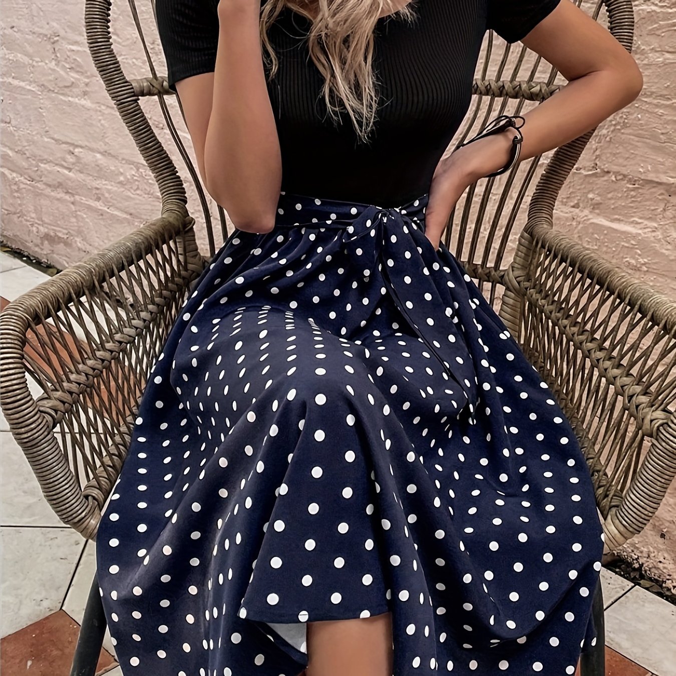 Polka Dot Print Splicing Dress, Casual Crew Neck Short Sleeve Dress, Women's Clothing