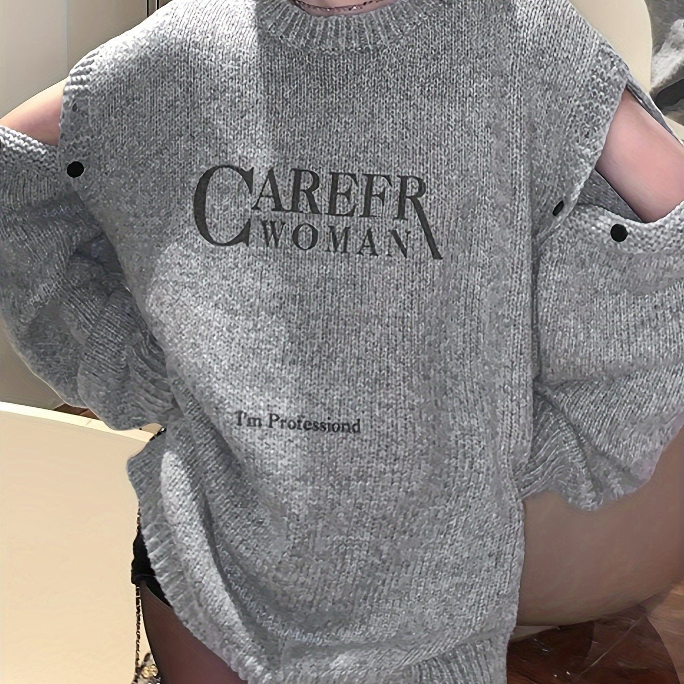 gbolsos Letter Pattern Crew Neck Pullover Sweater, Casual Cold Shoulder Long Sleeve Loose Sweater, Women's Clothing
