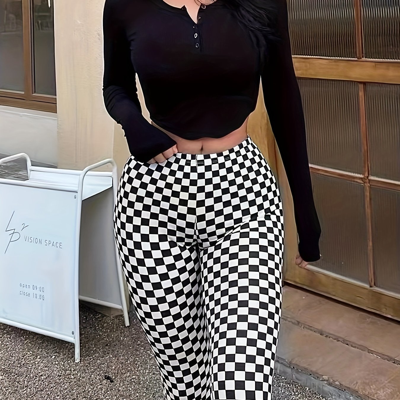 gbolsos Checkerboard Print Flare Leg Pants, Casual High Waist Pants, Women's Clothing