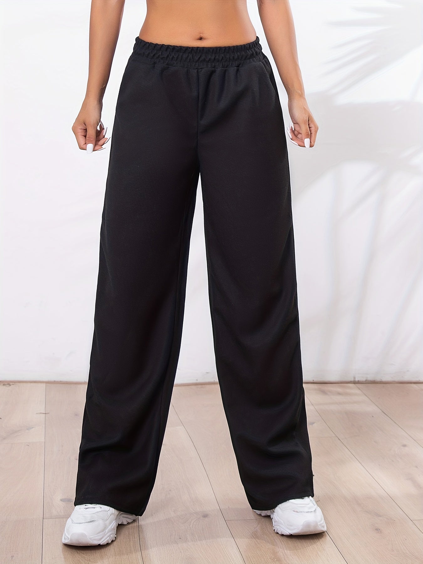 Solid Elastic Waist Straight Leg Pants, Casual Loose Drape Pocket Pants, Women's Clothing