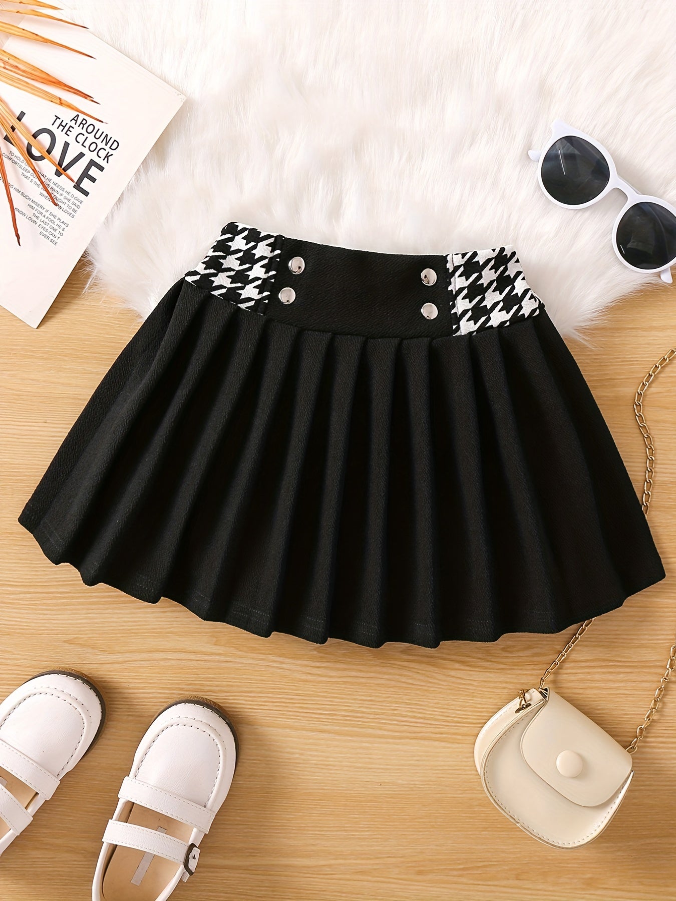 Toddler Girls Houndstooth Panel Pleated Skirt Kids Summer Clothes