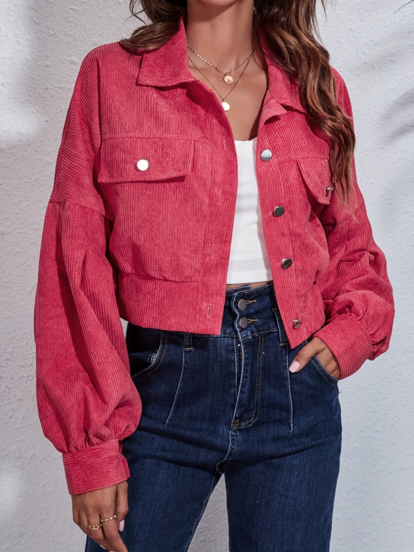 Solid Lantern Sleeve Ribbed Corduroy Cropped Jacket, Fashion Winter Coats, Women's Clothing