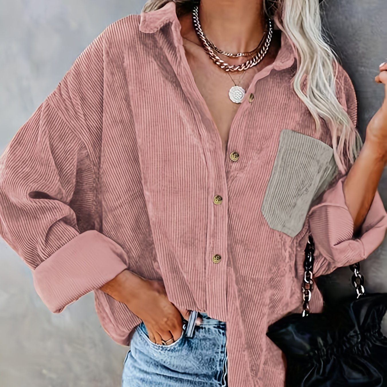 gbolsos Button Front Solid Shirt, Vintage Long Sleeve Collar Shirt, Women's Clothing
