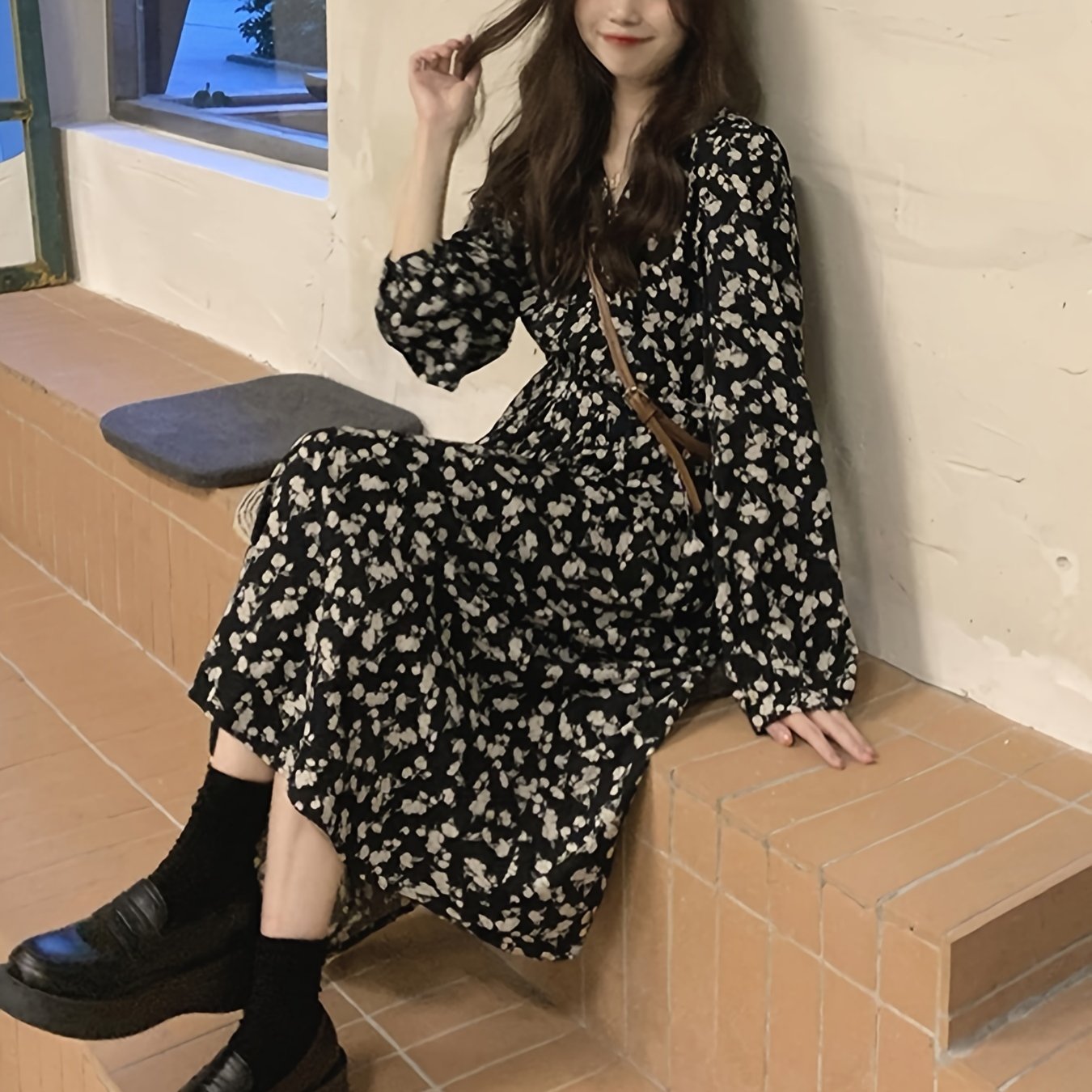 gbolsos Ditsy Floral Print Dress, Elegant Long Sleeve Midi Dress, Women's Clothing