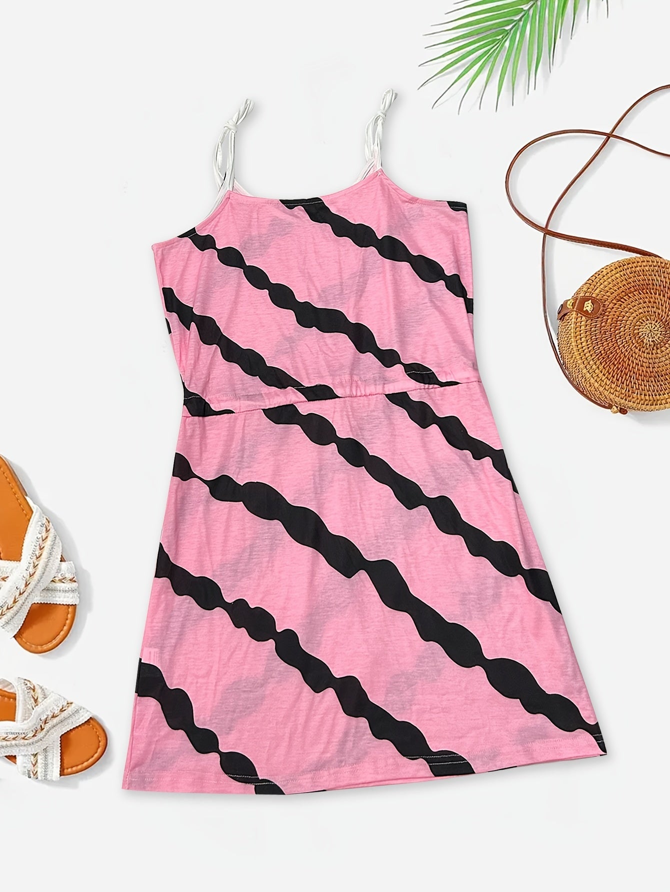 gbolsos Striped Print Cami Dress, Drawstring Waist Sleeveless Dress For Summer & Spring, Women's Clothing