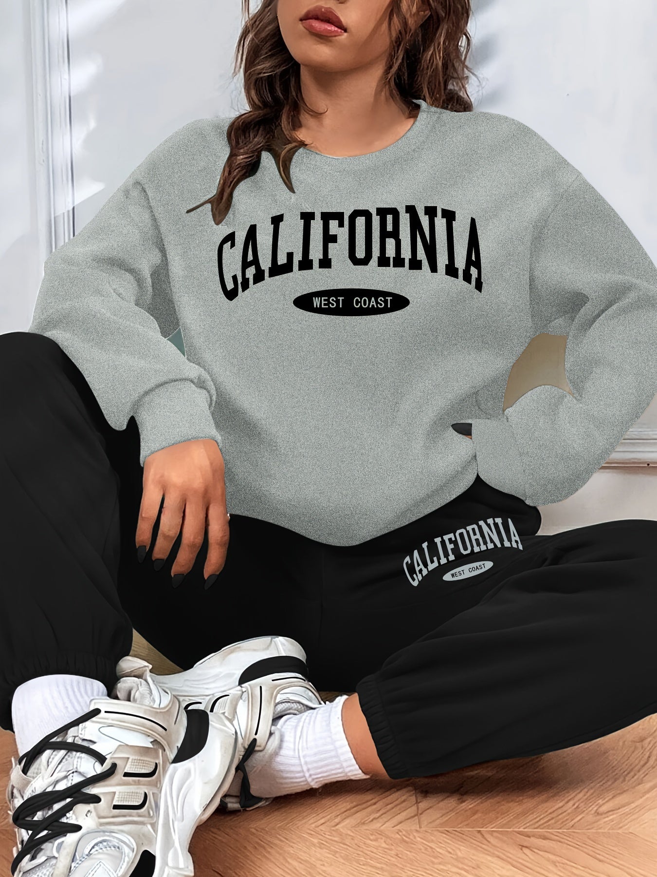 gbolsos California Print Casual Two-piece Set, Long Sleeve Sweatshirt & Elastic Waist Sweatpants Outfits, Women's Clothing