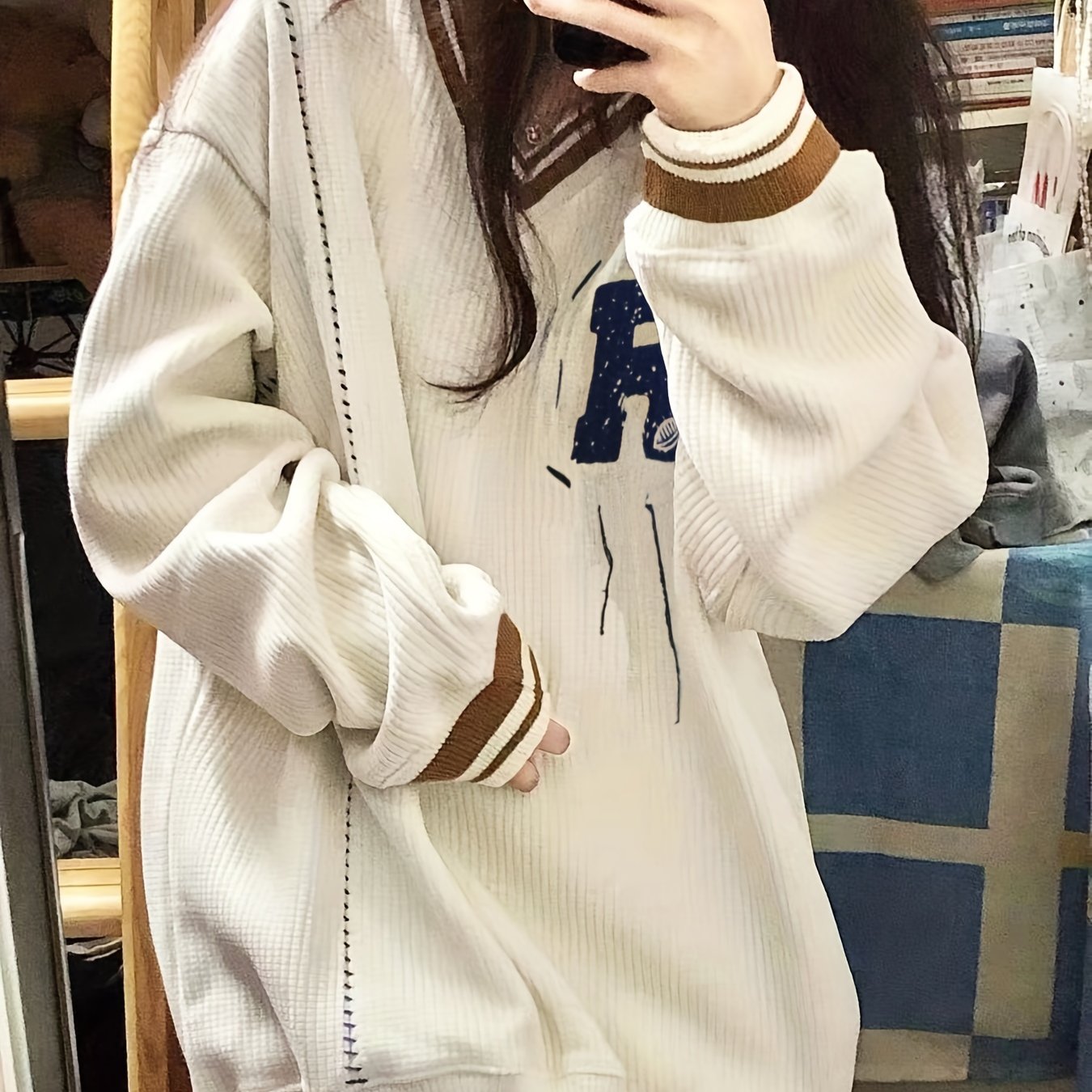 R Pattern V Neck Pullover Sweater, Preppy Long Sleeve Loose Sweater For Fall & Winter, Women's Clothing