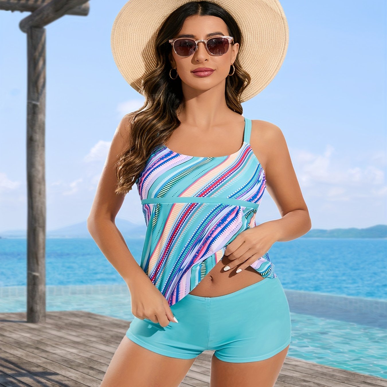 elveswallet Colorful Digital Pattern Tankini Sets, Boxer Shorts Stretchy Tummy Cover Two Piece Swimsuit, Women's Swimwear & Clothing
