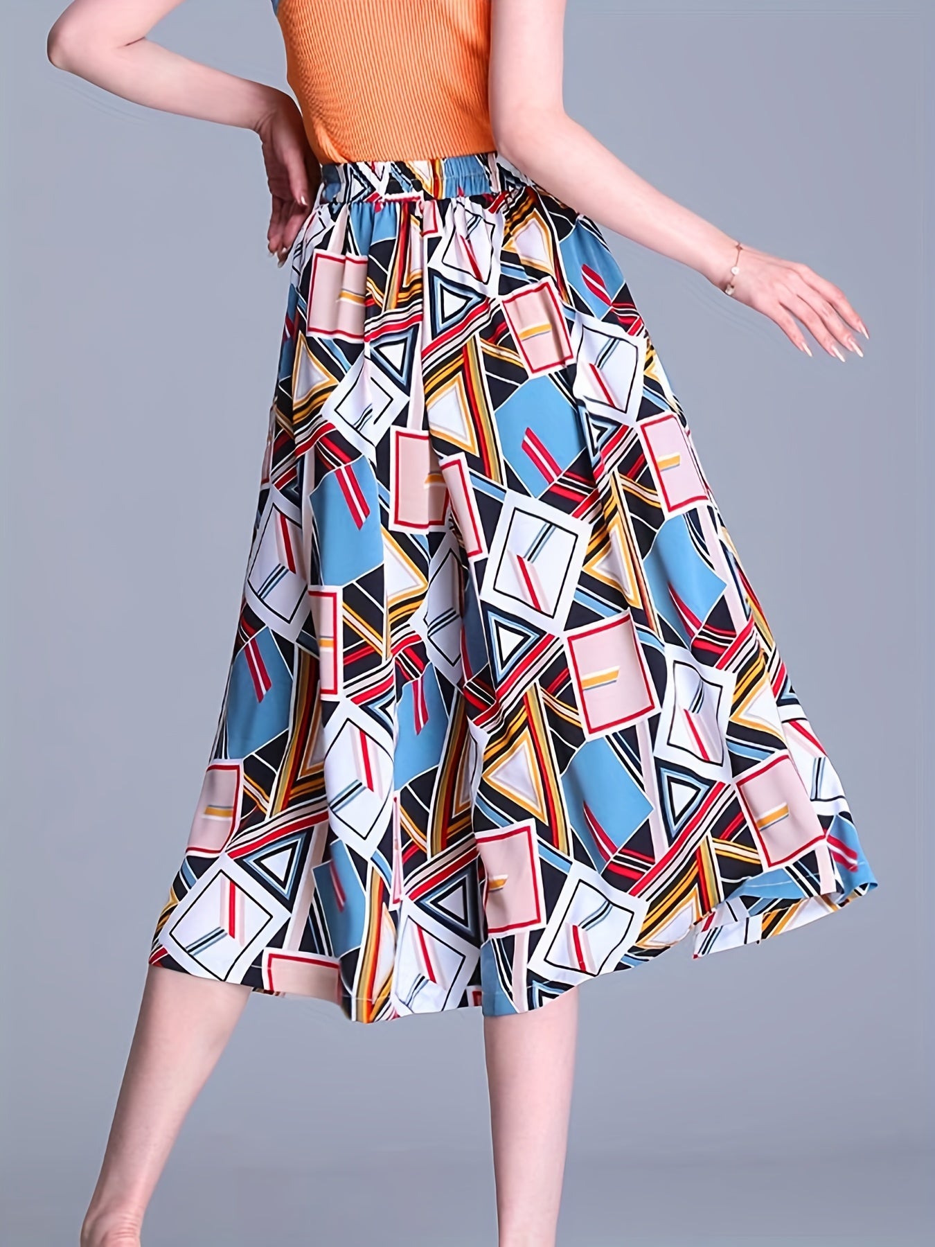 gbolsos Geometric Print Culottes, Boho High Waist Wide Leg Cropped Pants, Women's Clothing